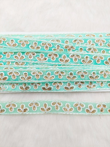 Wholesale Mint Green Net Lace Floral Embroidery & Glitter Gold Sequins, Indian Wedding Border, Gifting Ribbon Costume Trim Fashion Trimming